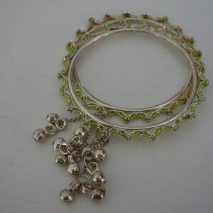 Beautiful Girls Bracelet Diameter 2.5" White Metal & Green Color Beads Vintage